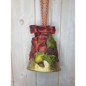 Vintage Dept 56 Gold Foil Bell Ornament Rope Red Ribbon Fruit Classic Holiday